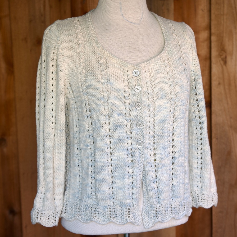 Handmade 100% Cotton White Knitted Blue Space Dye Cardigan Sweater Woman's M